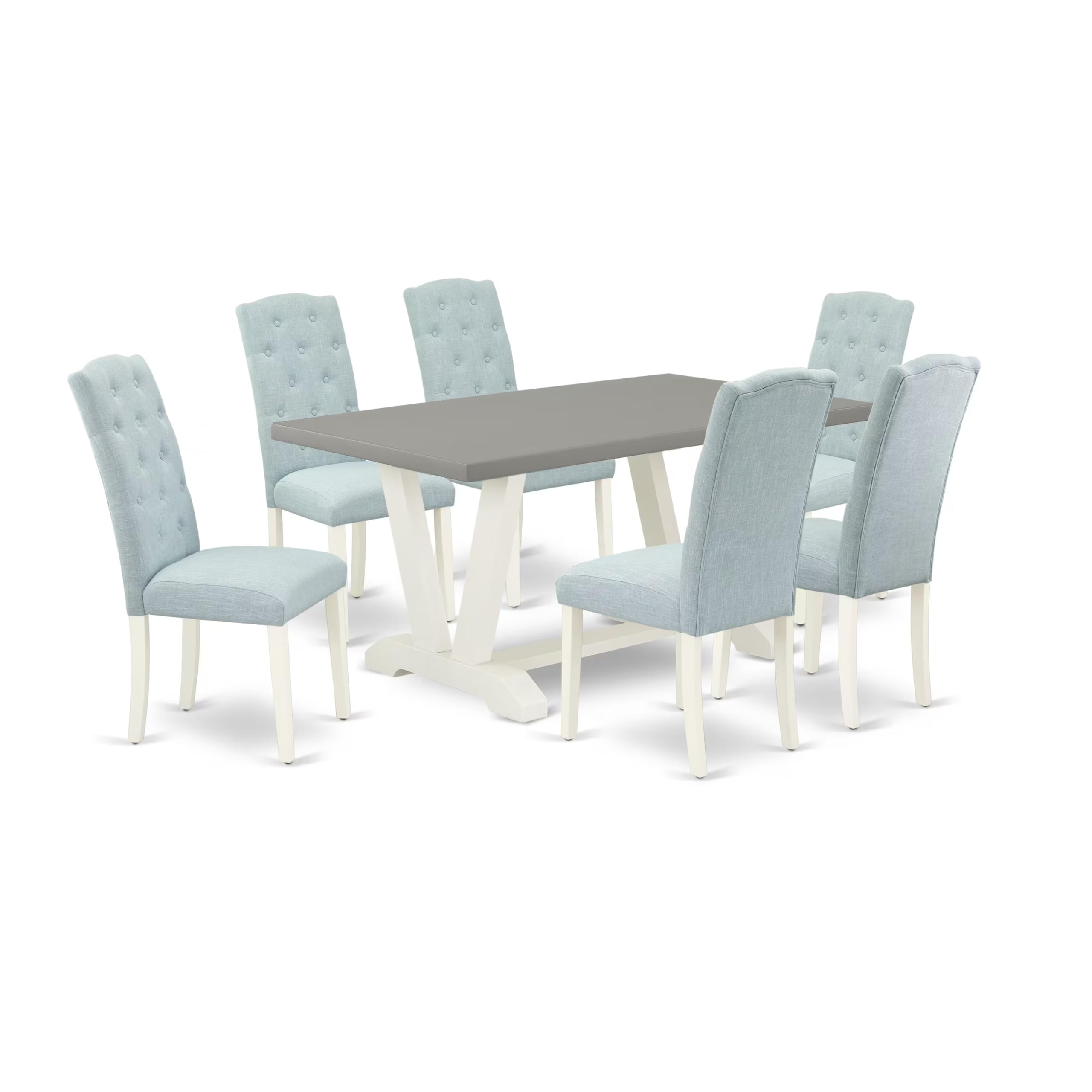 East West Furniture V096Ce215-7 7 Piece Dining Room Furniture Set Consist Of A Rectangle Dining Table With V-Legs And 6 Baby Blue Linen Fabric Upholstered Chairs, 36X60 Inch, Multi-Color
